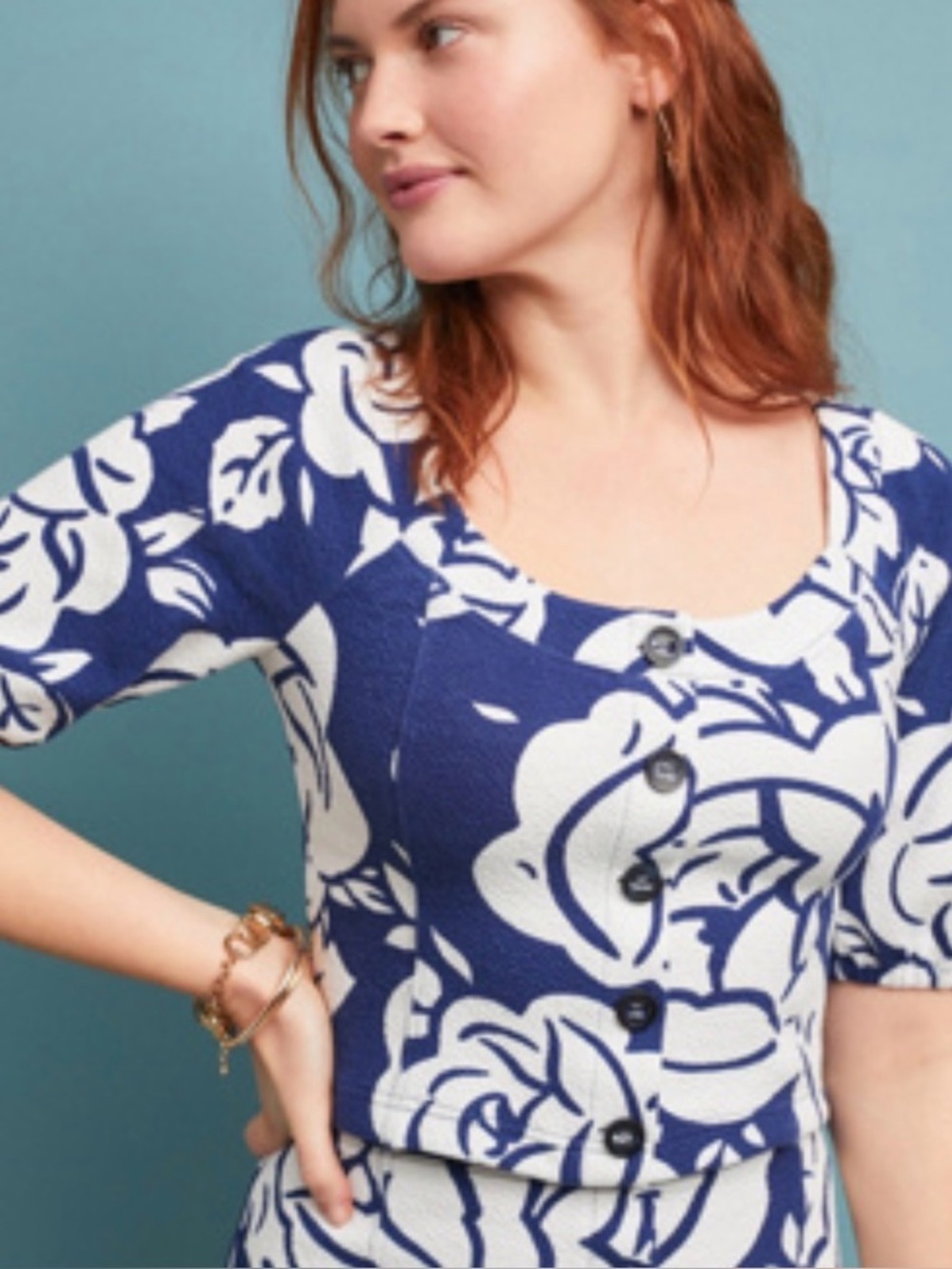 Maeve Anthropologie Blue White Floral Crop Top Puff Sleeve Button Front Size S